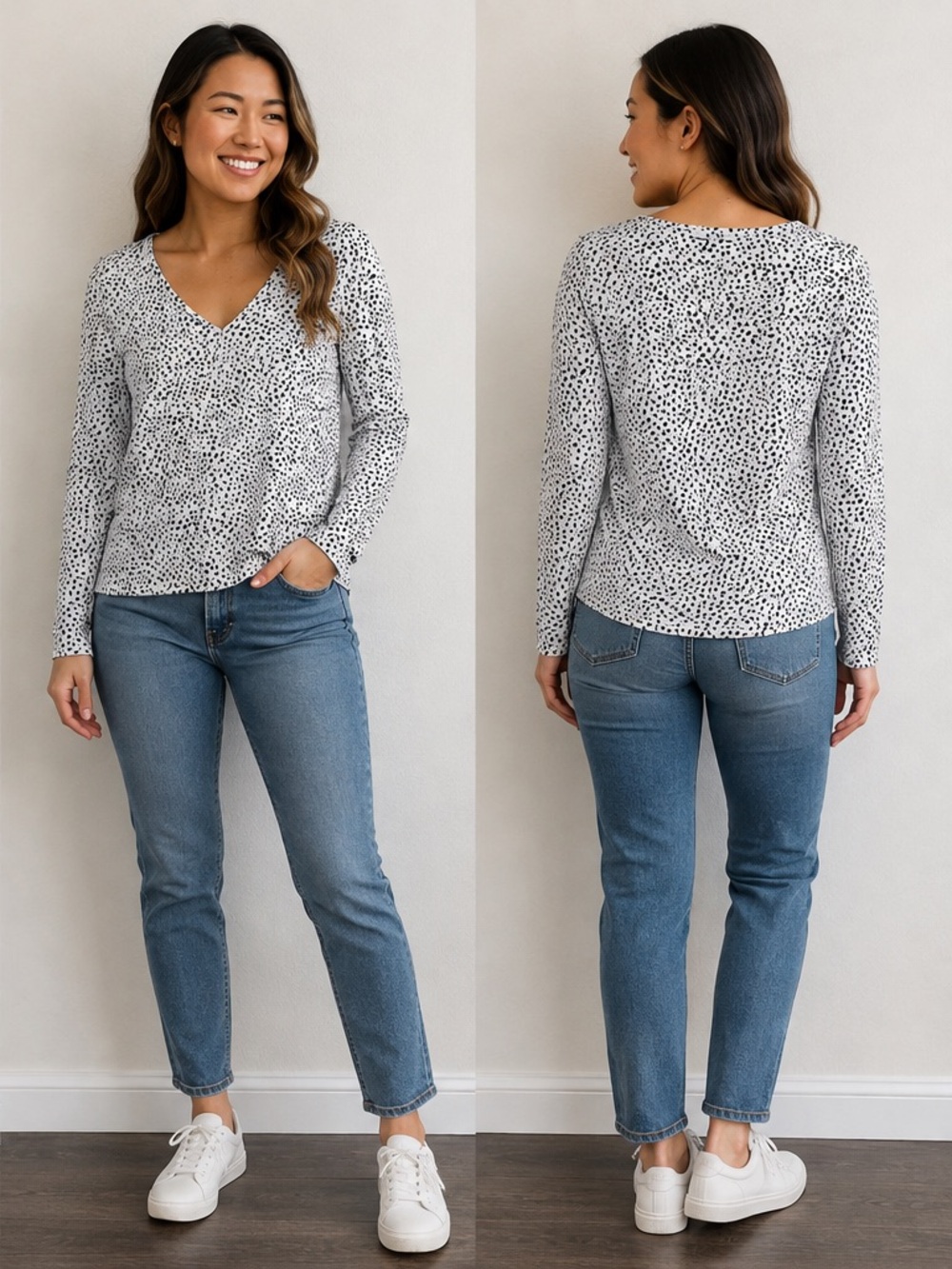 gaze White Long Sleeve V-Neck Top with Black Dot Print